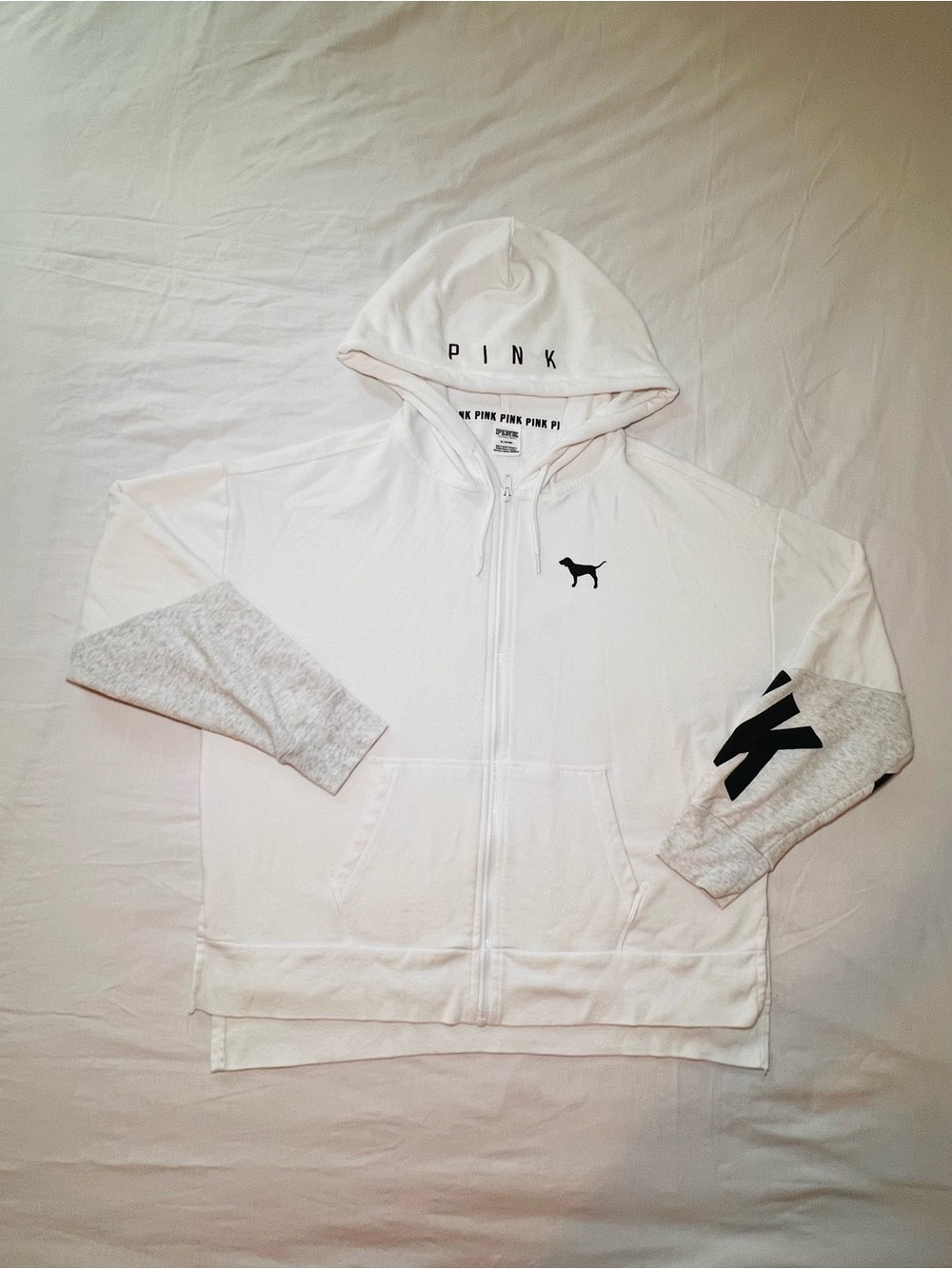 Victoria's Secret PINK White Hooded Zip Jacket with Gray Sleeves and Black Logo